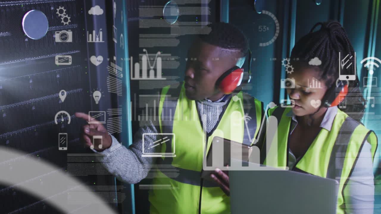 Analyzing data charts and graphs animation over engineers in safety vests