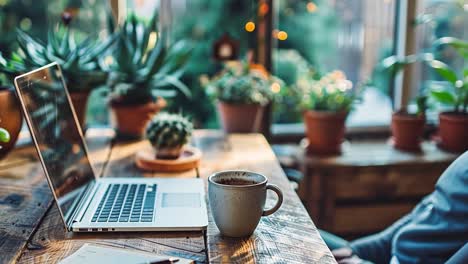 cozy home office with laptop, coffee, and plants