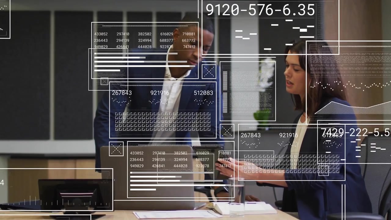 Team meeting, woman scrolling phone, man comparing data panels, aligning on laptop for business