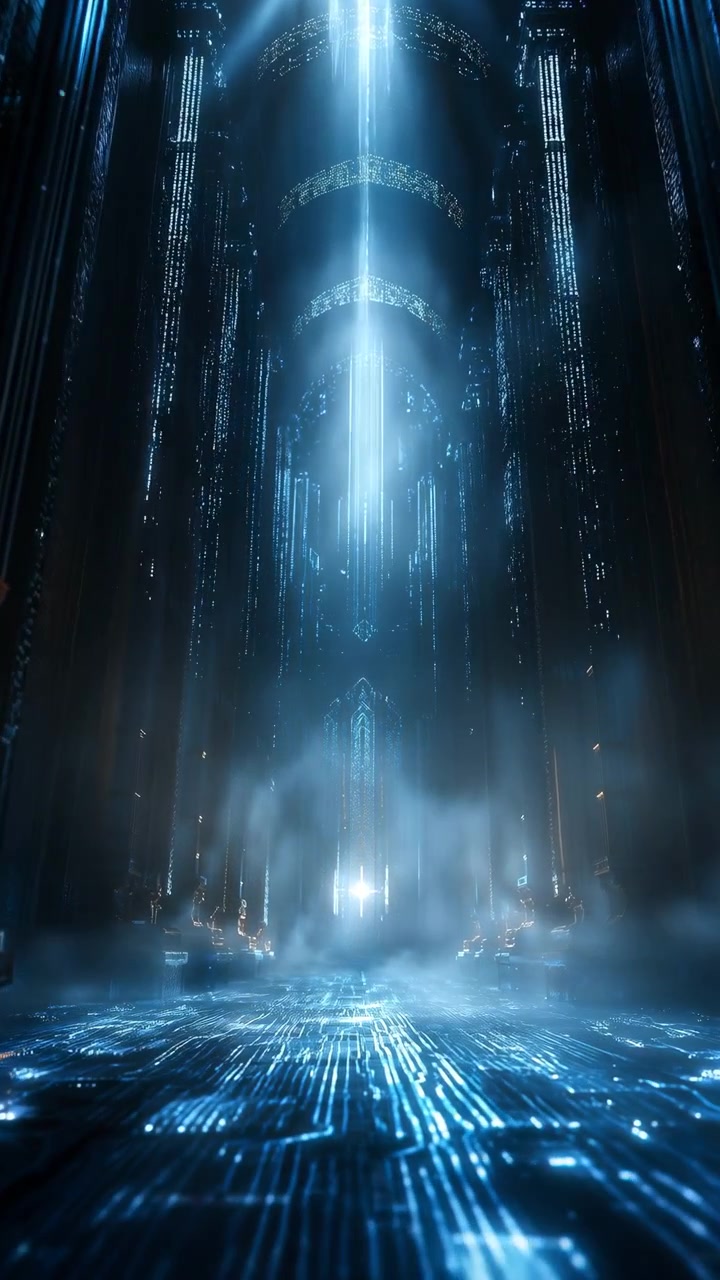 Forward motion follows luminous pathways toward bright center of vast shadowed interior, while cool blue light, haze, tall structures, and repeating arches create strong central perspective.