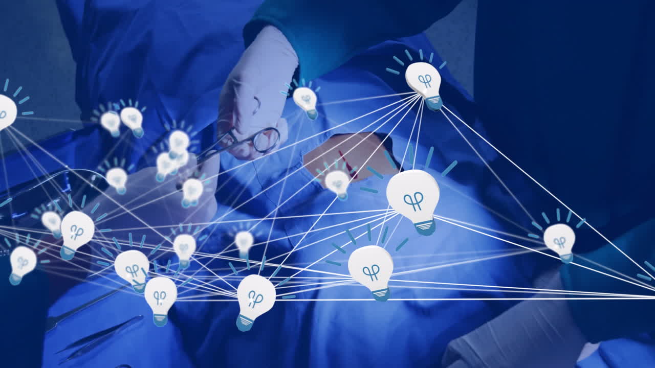 In school, surgeons operating with animation of light bulbs for innovative ideas