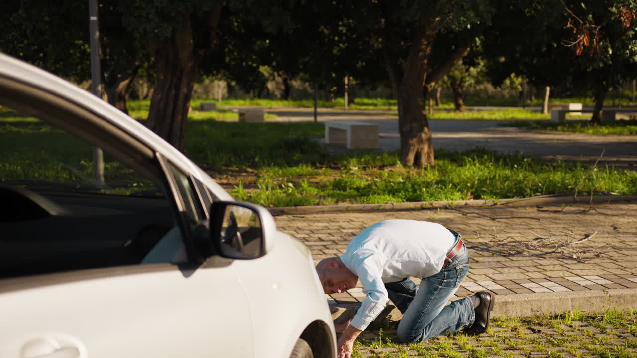 Man Kneels Down to Check the Condition of His Car