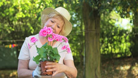 Ältere-Frau-Untersucht-Topfpflanze-Im-Garten