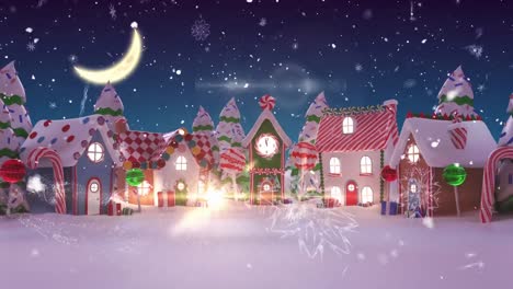 Animation-Von-Schnee,-Der-über-Eine-Winterlandschaft-Mit-Häusern-Und-Mond-Fällt