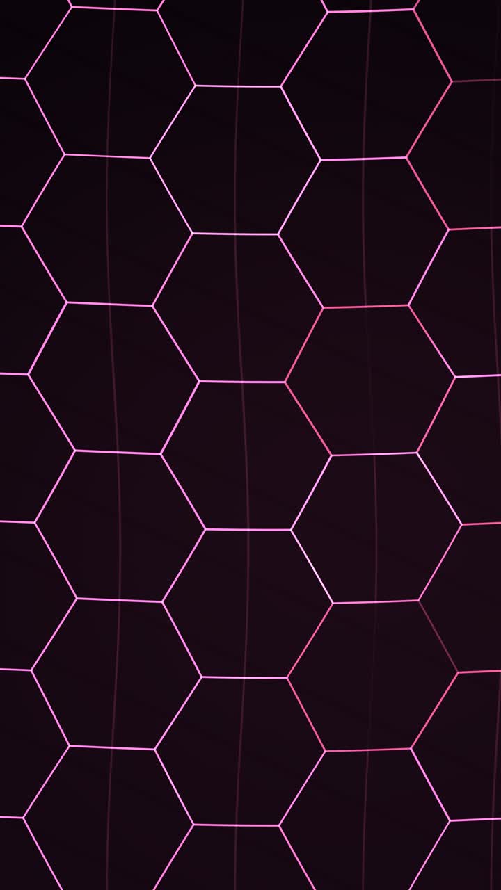 Uma grade de hexágonos interconectados em tons de roxo e rosa com linhas verticais e gradientes de cor sutis cria um padrão abstrato dinâmico.