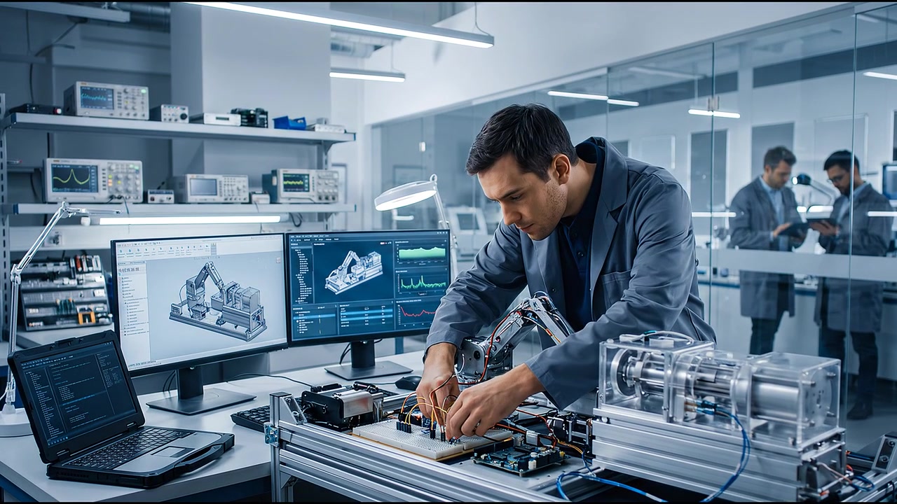 Biomedical engineer assembling robotic prosthetic technology beside computer design screens with advanced medical equipment nearby