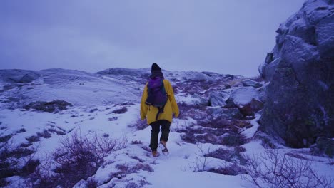 Hiking-on-a-snowy-mountain-in-winter