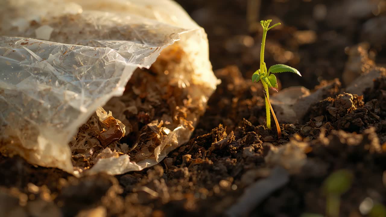 Warm sun urging green seedling reaching up in garden soil beside plastic sheet, mulch, copy space