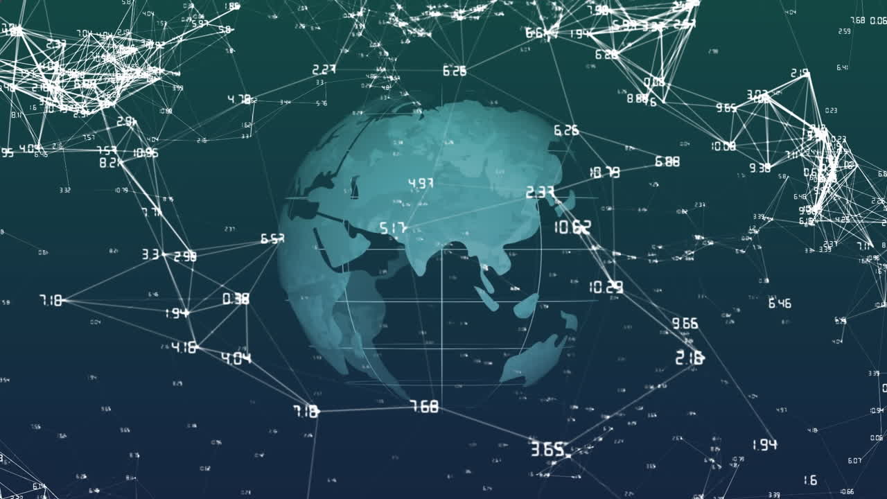 Animation of red mandala patterns over rotating globe and connected dots with numbers