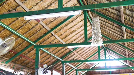 interior de un edificio de techo de paja con vigas de bambú y verdes
