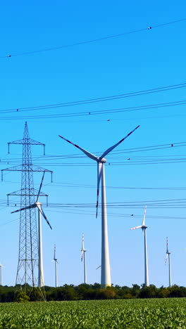 countryside with wind farms and electric power lines. energy concept. vertical video