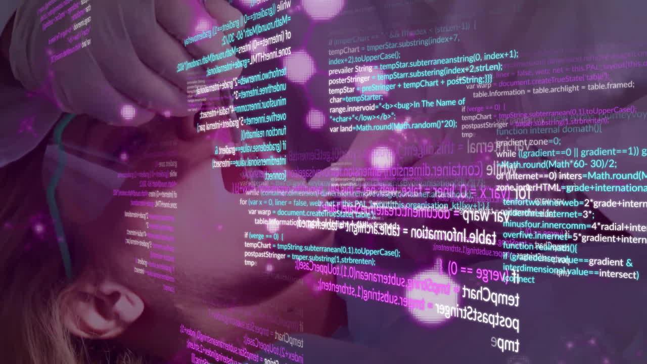 анимация стоматолога с пациентом и обработкой данных на темном фоне