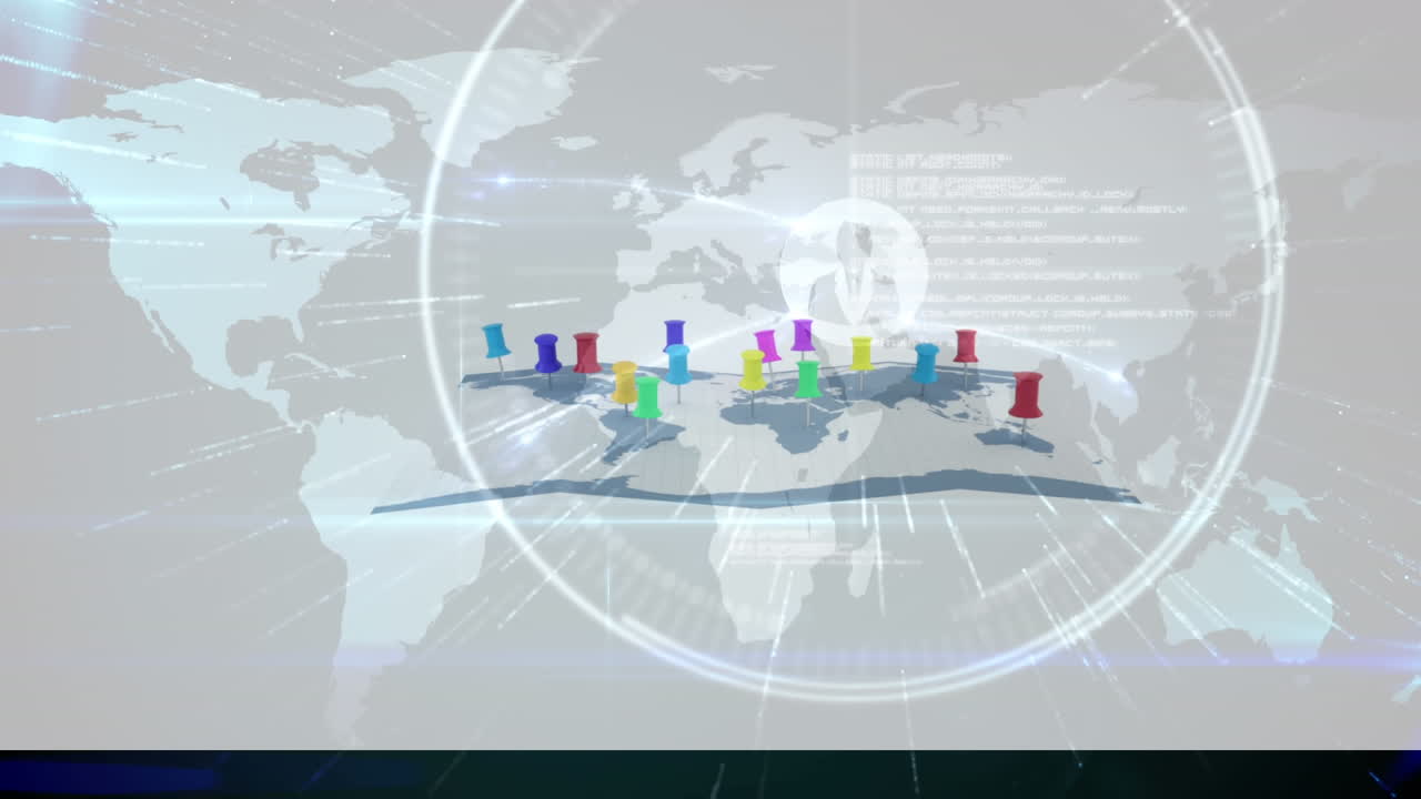 세계 지도에 위치 핀을 통해 데이터 처리의 애니메이션