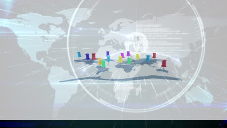 animation of data processing over location pins on world map