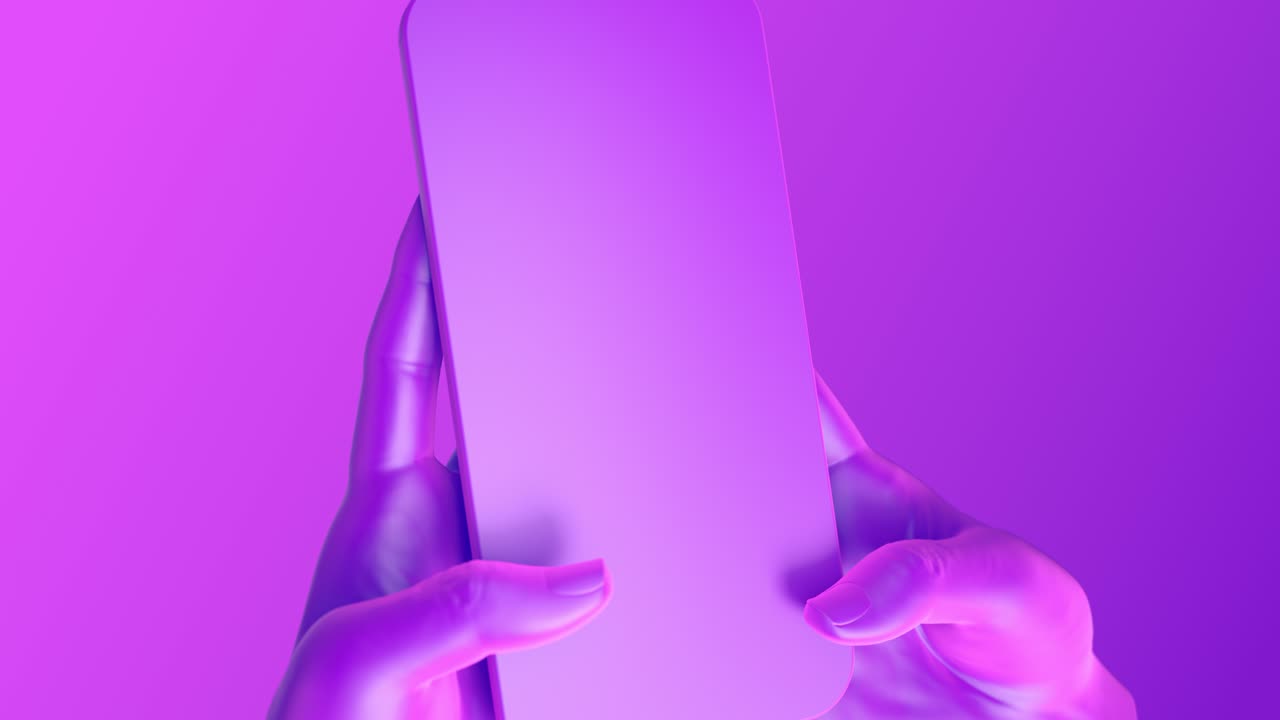 volar alrededor de manos 3d con teléfono inteligente. concepto de gadget en estilo vaporvawe colores rosa y violeta. dispositivo móvil loopable render con puzzle mate