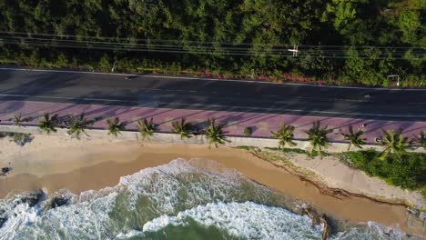 drone aéreo vista de arriba hacia abajo de las curvas de la carretera costera hermosa vista superior drone de la costa disparado sobre la costa, famoso destino turístico con palmeras alrededor de la carretera escénica durante la puesta de sol
