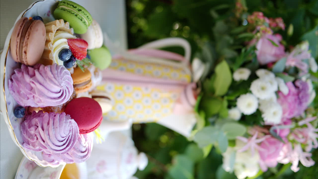 Composition with flowers, macaroons sweets desert and coffee and tea