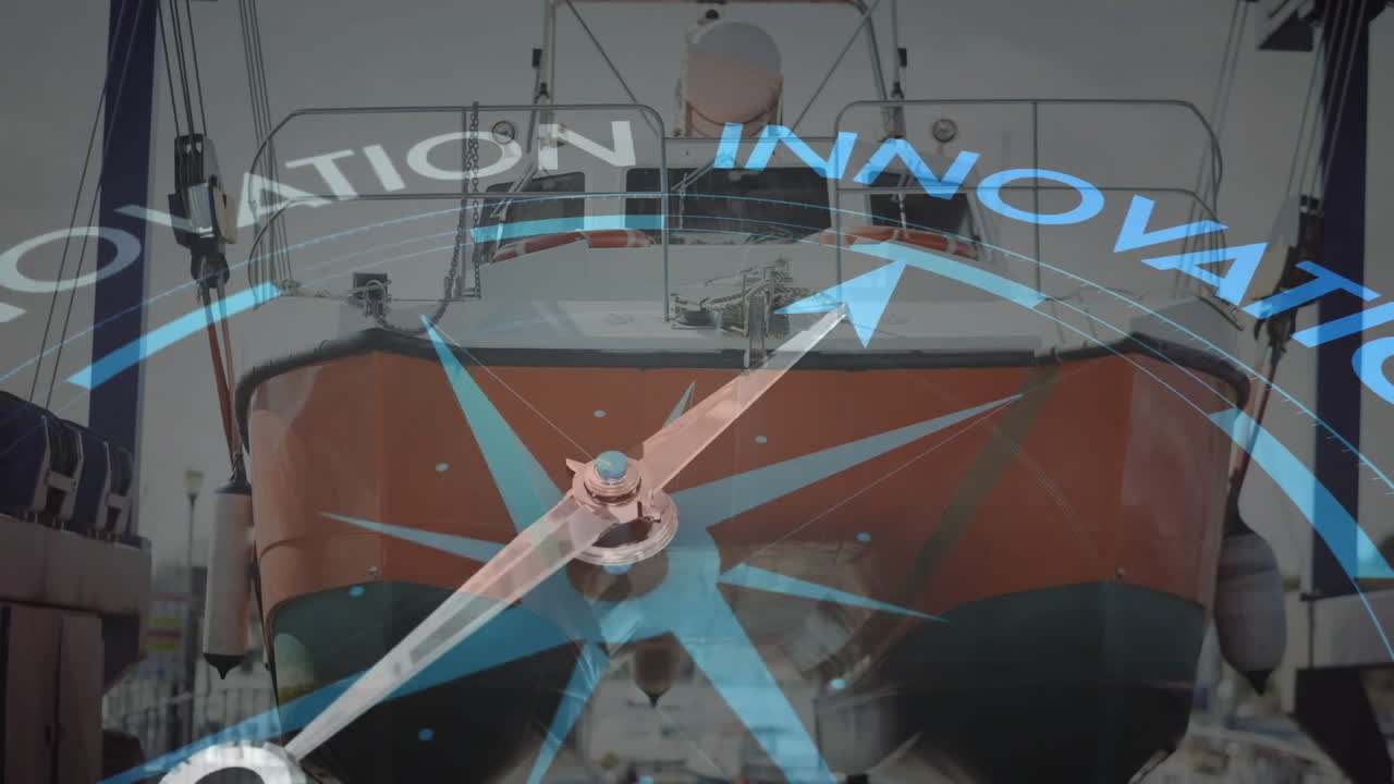 항구 위로 이동하는 나침반의 애니메이션