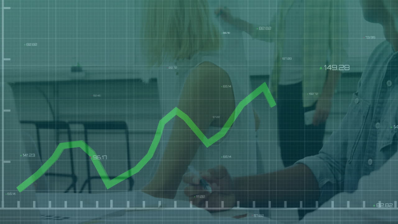 Business professionals exchanging pen and reviewing documents in office, animating green line graph