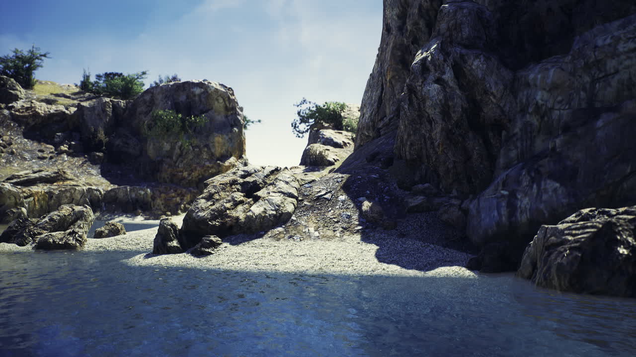 Rocky shoreline with clear water and unspoiled nature on a bright sunny day