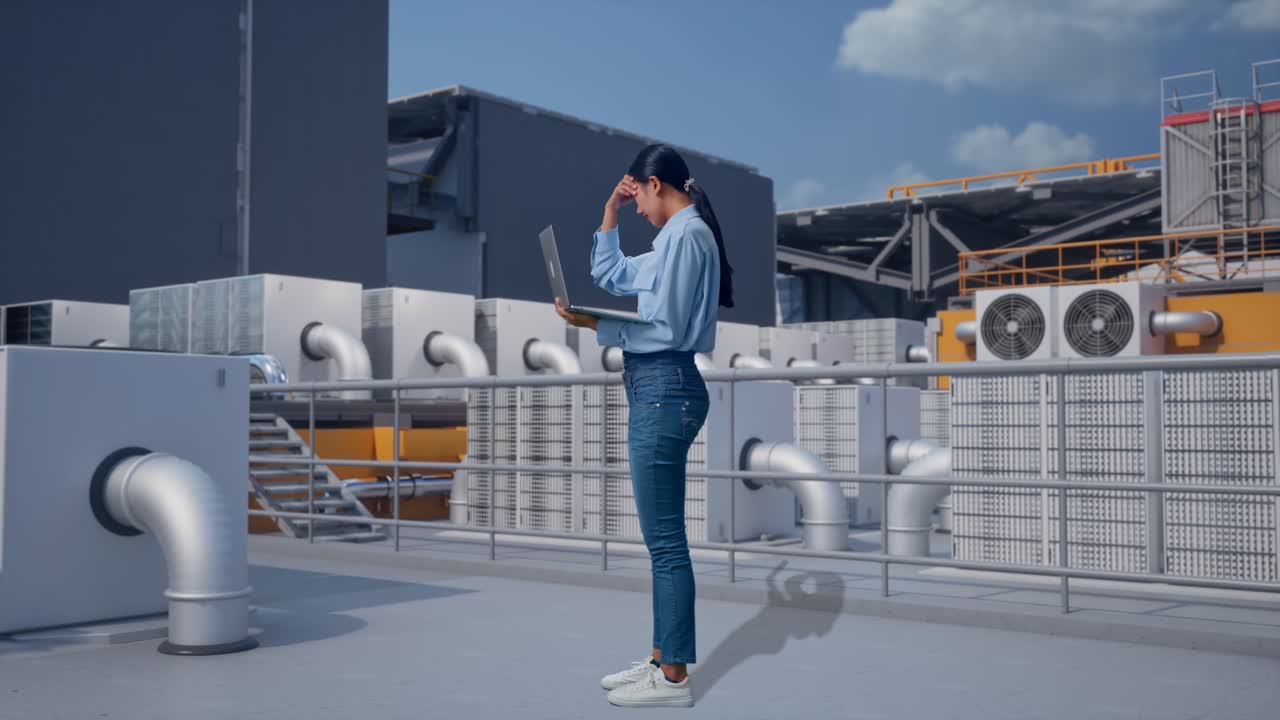 Fuld kropsbillede i profil af en asiatisk kvinde med sin bærbare computer, der inspicerer HVAC-enheder på taget af en industribygning, mens hun taster og skuffet nikker med hovedet.