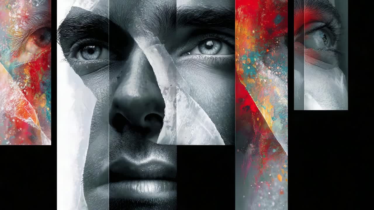 A striking visualization of fragmented identities, showcasing a face partially obscured by bold colors and textures, highlighting the complexities of self-perception and the human experience