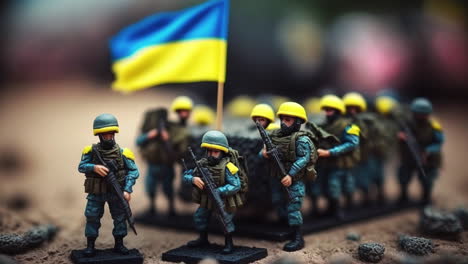 ukraine miniature toys army soldiers and ukrainian flag in war scene illustration, macro tilt-shift of battle concept