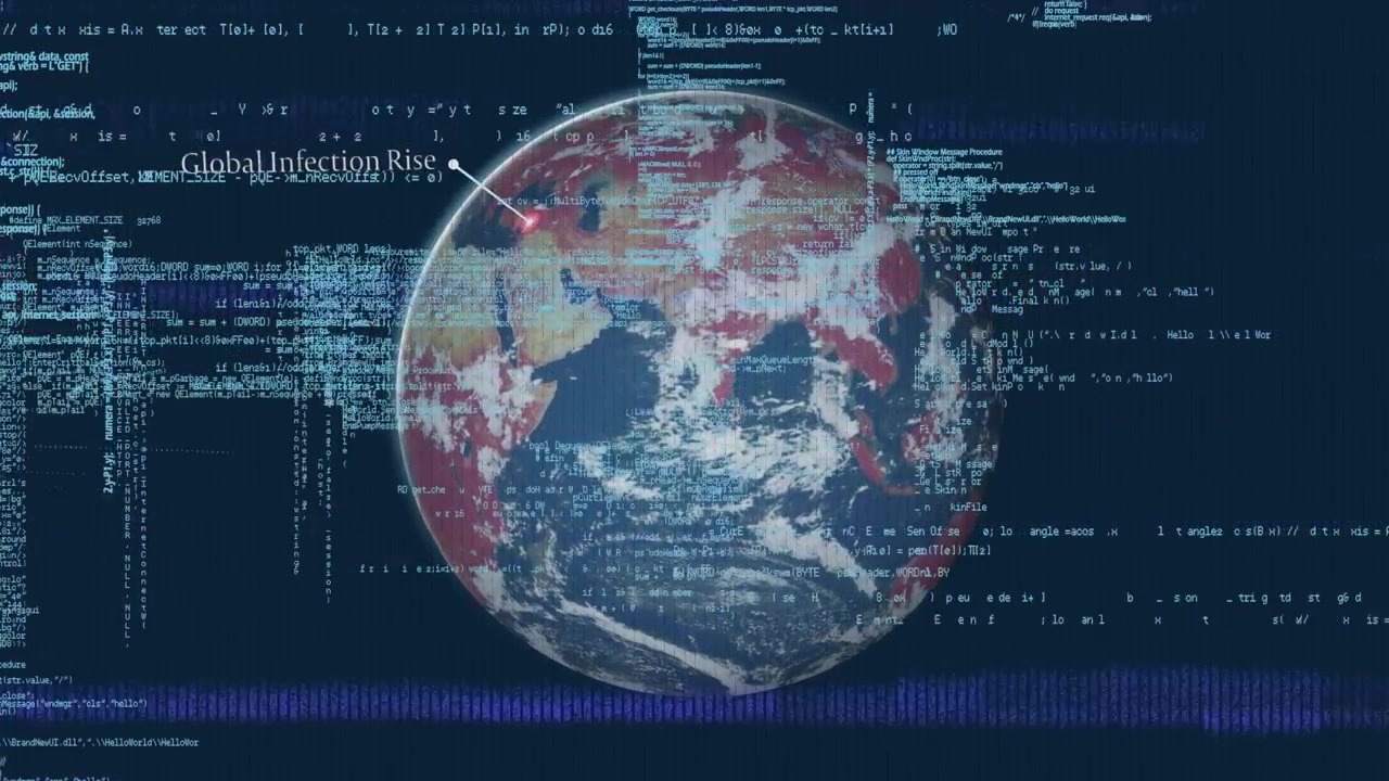 Animation of globe, data processing and glitch on black background