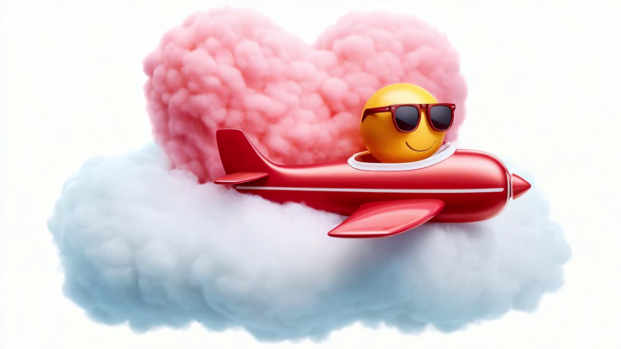 A joyful emoji character sporting sunglasses takes flight in a vibrant red airplane, surrounded by fluffy clouds and a pink heart shape, symbolizing fun and adventure
