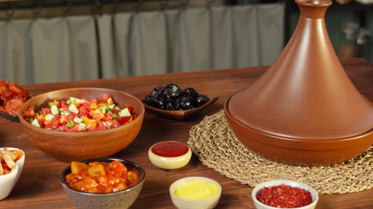 cocina marroquí. tajine, plato tradicional hecho de cordero y berenjena, ensalada de verduras. cultura de oriente medio. couscous con carne de carnero de cerca, arroz delicioso. comida casera.