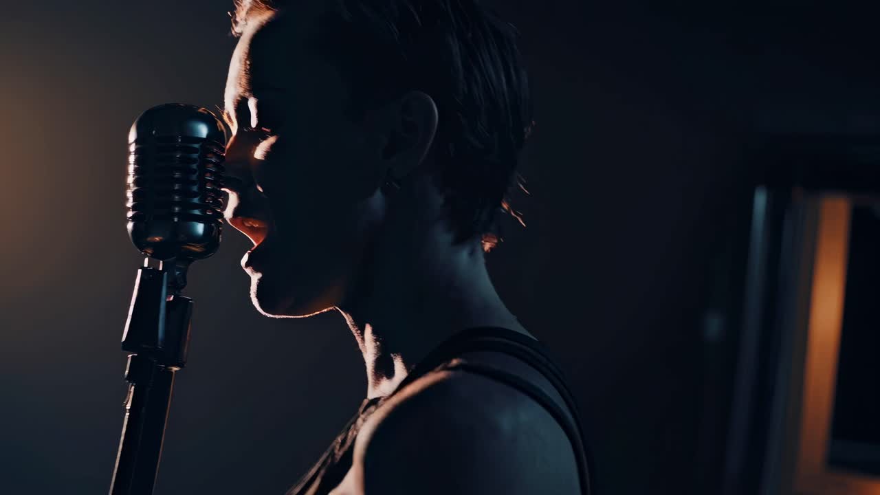 Dramatic side-angle shot of a singer with vintage mic, silhouetted by a spotlight
