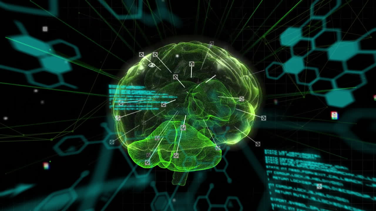 animación del procesamiento de datos sobre el cerebro humano en fondo oscuro