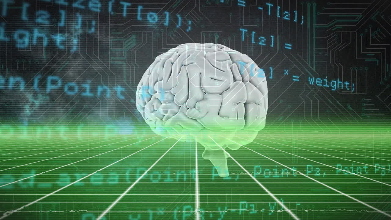 Animation of digital brain with data processing over computer circuit board on black background
