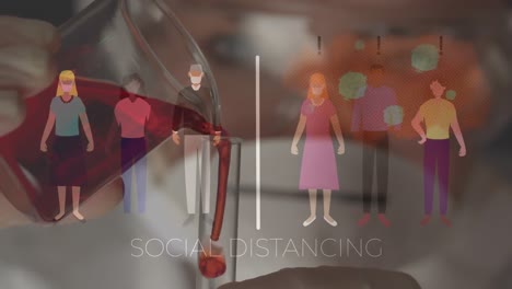 Animation-of-people-in-face-masks-and-social-distancing-text