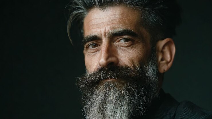 Et fængslende nærbillede af en fornem mand med et markant skæg og hår, der viser unikke ansigtstræk og udtryk i elegante omgivelser.