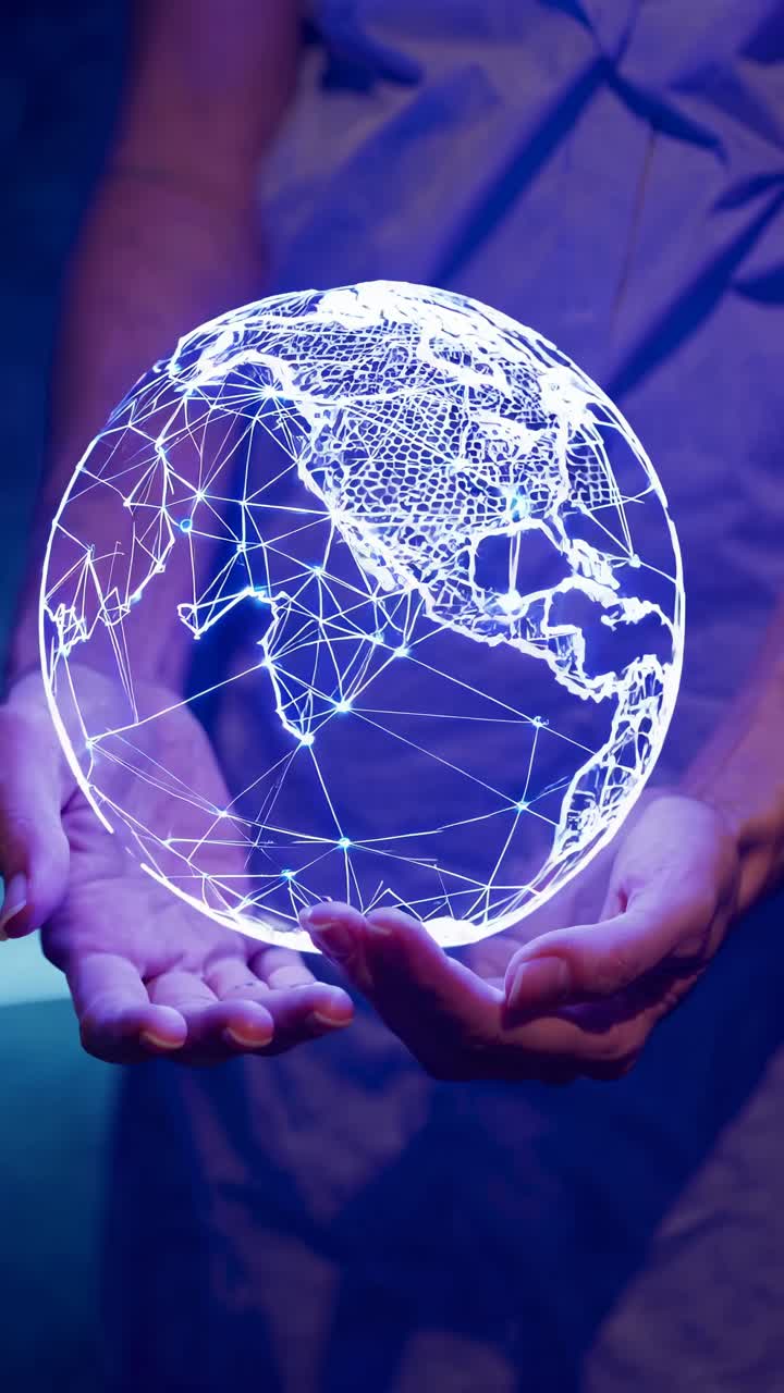 A futuristic video concept with a low-angle view of hands holding a glowing digital globe