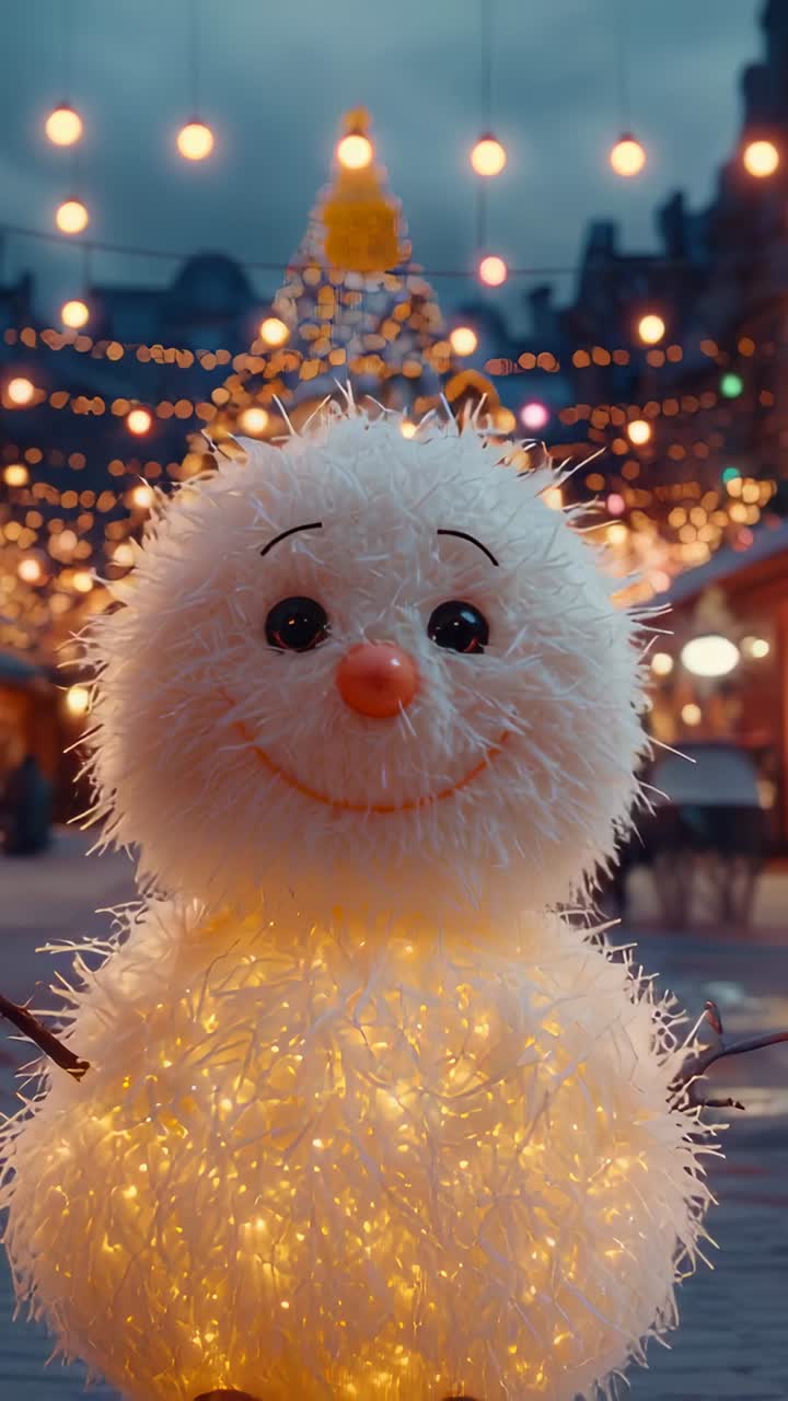Vertical video: Pulling back camera revealing snowman with LED lights in market, conical tower