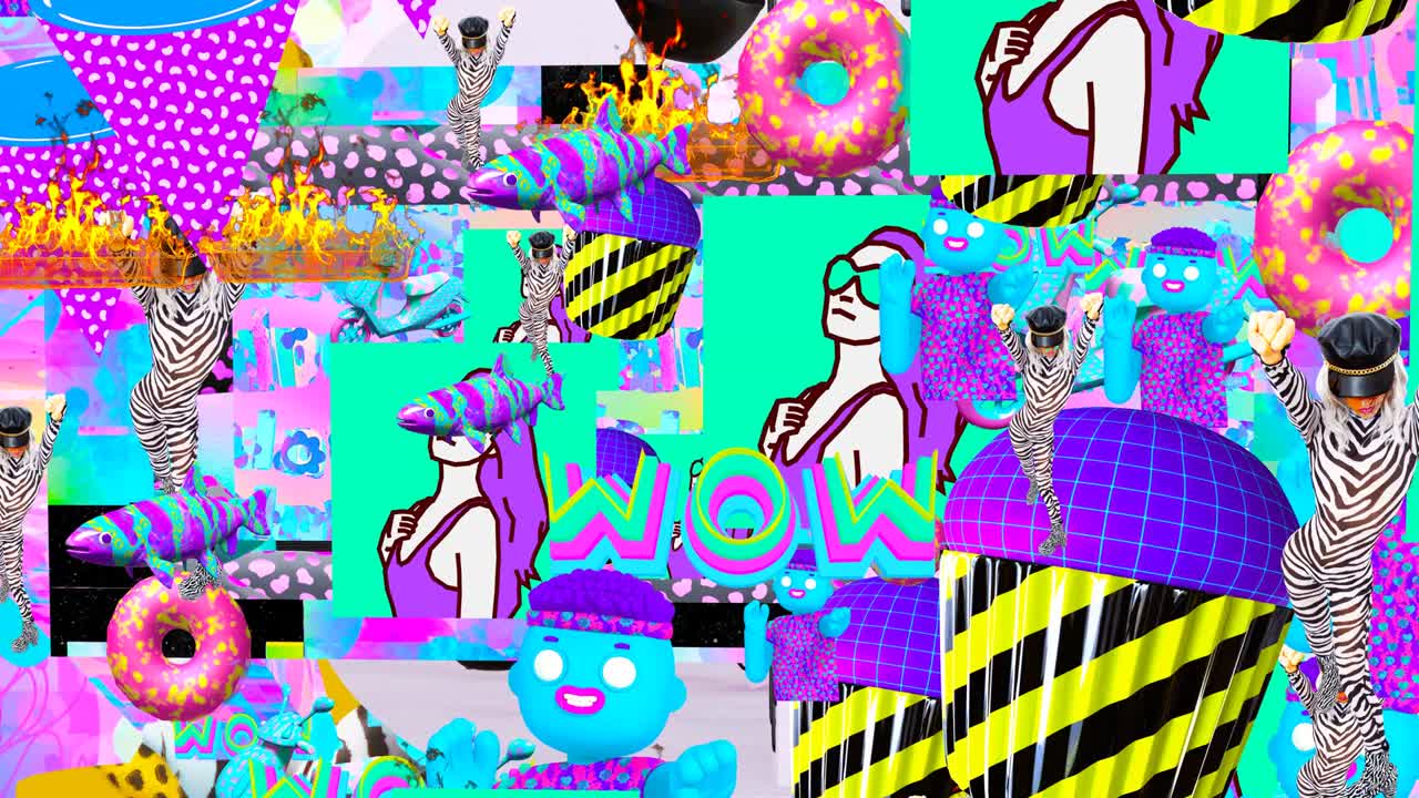 Looped 4k animation. 2d, 3d Crazy chaos mix of fashion objects and characters. Ideal creative modern clip for music background .