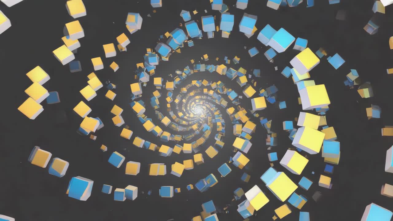 Abstract Spiral Vortex of Yellow and Blue Cubes