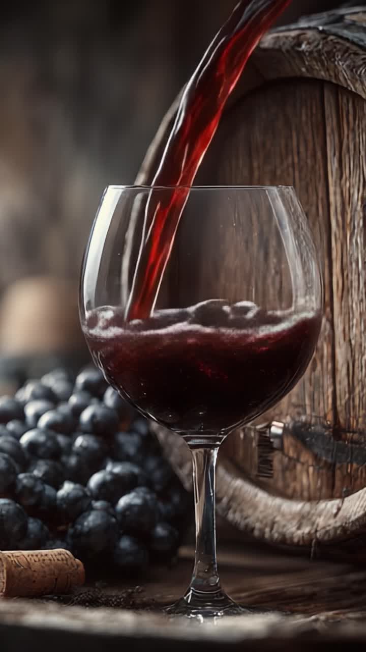 Un viaggio affascinante nel mondo del vino: versare un ricco vino rosso in un bicchiere con uva e botte sullo sfondo per una deliziosa esperienza di degustazione