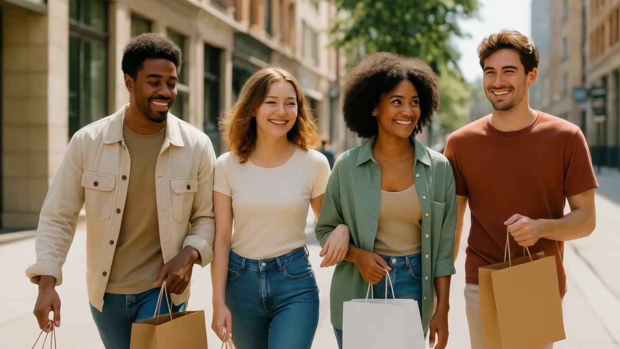 Gruppo eterogeneo di amici felici a passeggio e a fare shopping in città