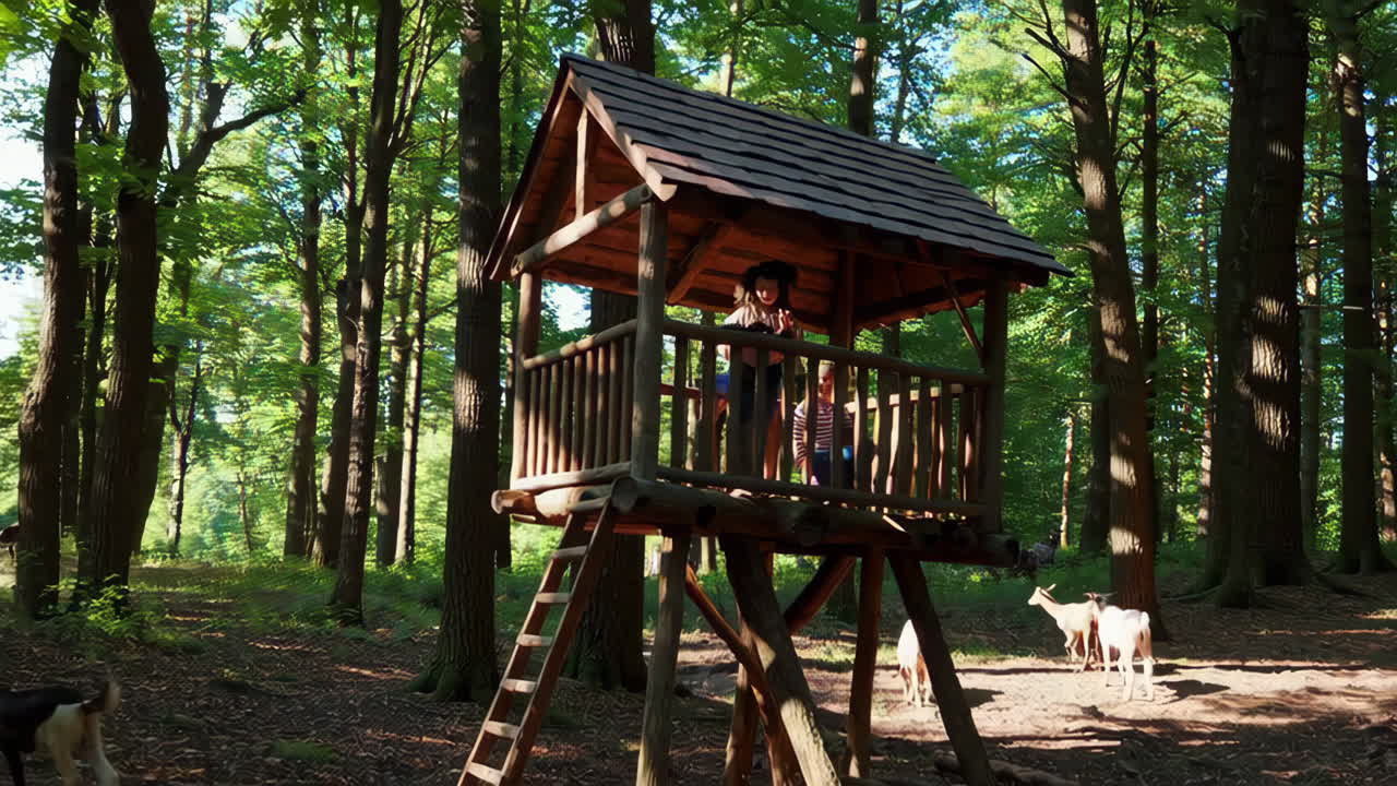 Children and Goats at a Wooden Treehouse in a Sunny Forest