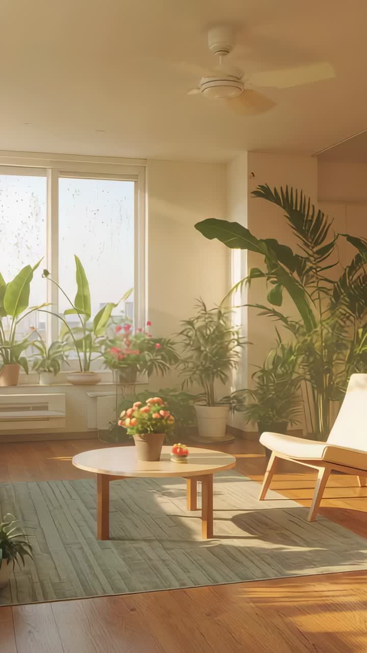 Vídeo vertical: movimento panorâmico da câmera em mesa de centro de madeira em sala de estar iluminada pelo sol, ventilador movendo as folhas para o ar