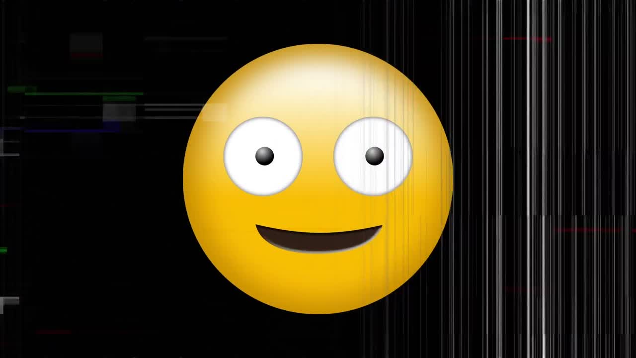 animación digital de tv efecto estático sobre emoji de cara tonta contra un fondo negro