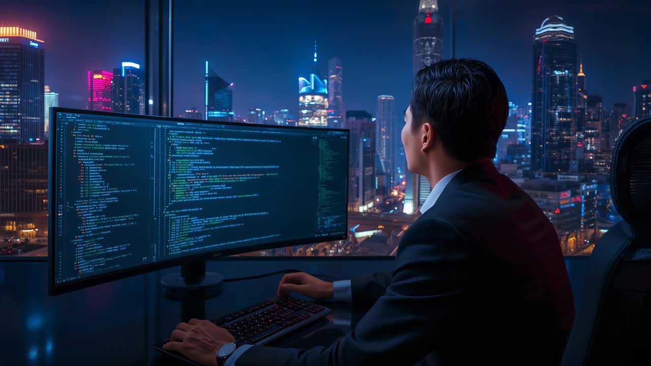 Typing software engineer debugging code on curved monitor in night office, city skyline, copy space