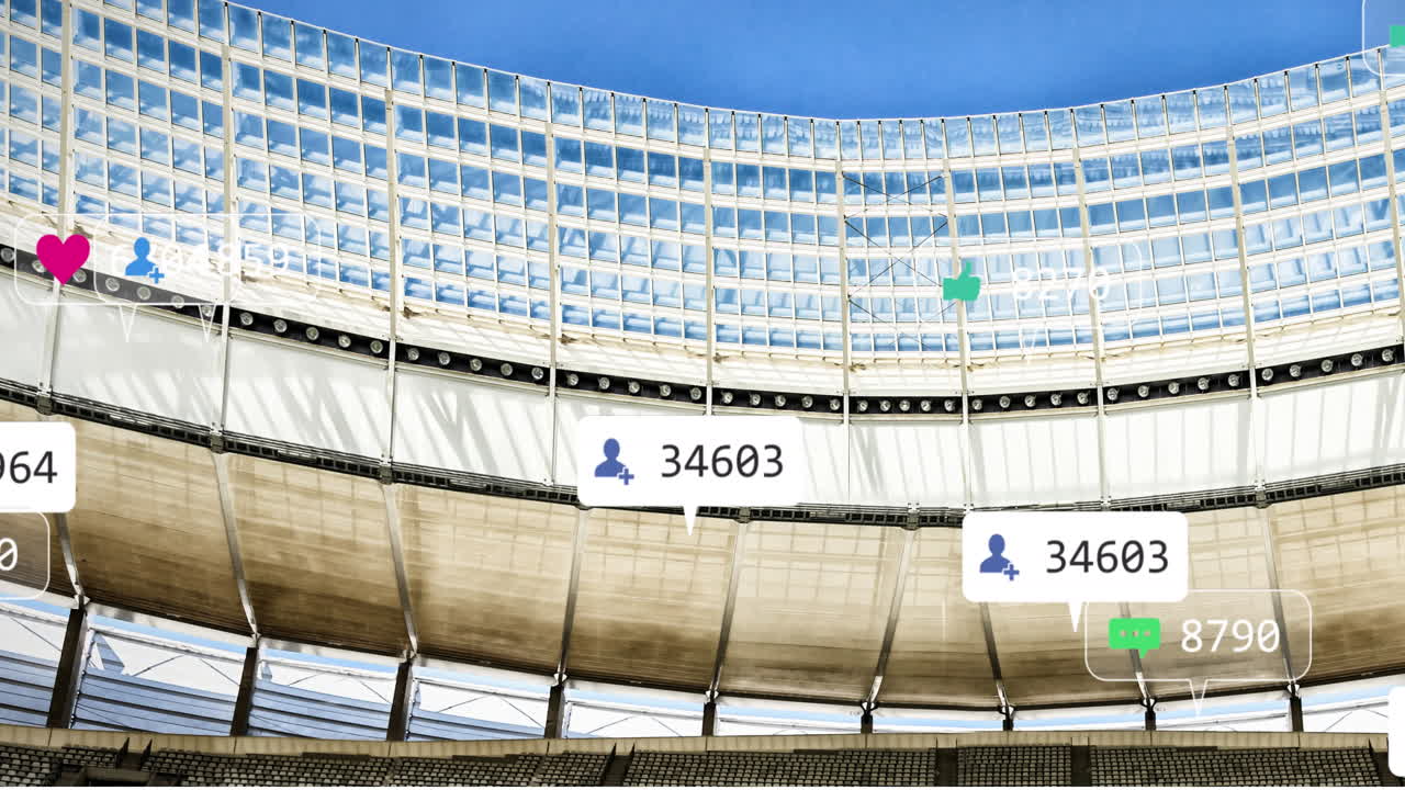 스포츠 경기장과 파란 하늘을 배경으로 떠다니는 소셜 미디어 아이콘의 애니메이션