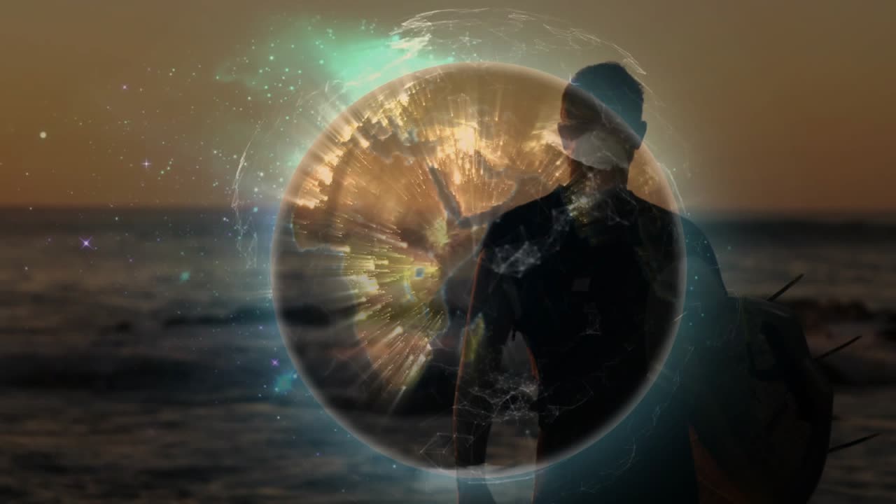 Male surfer standing shoreline, gull flying sparking globe wrapping him, showing tech connectivity