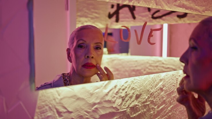 Primo piano: anziana glamour si guarda allo specchio e si tocca il viso. Riflesso di una pensionata elegante.