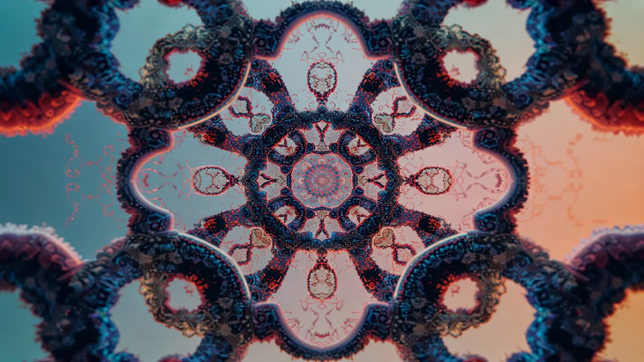 Morphing fractal geometry shifting pastel lobes into glowing mandala in digital space with nodes