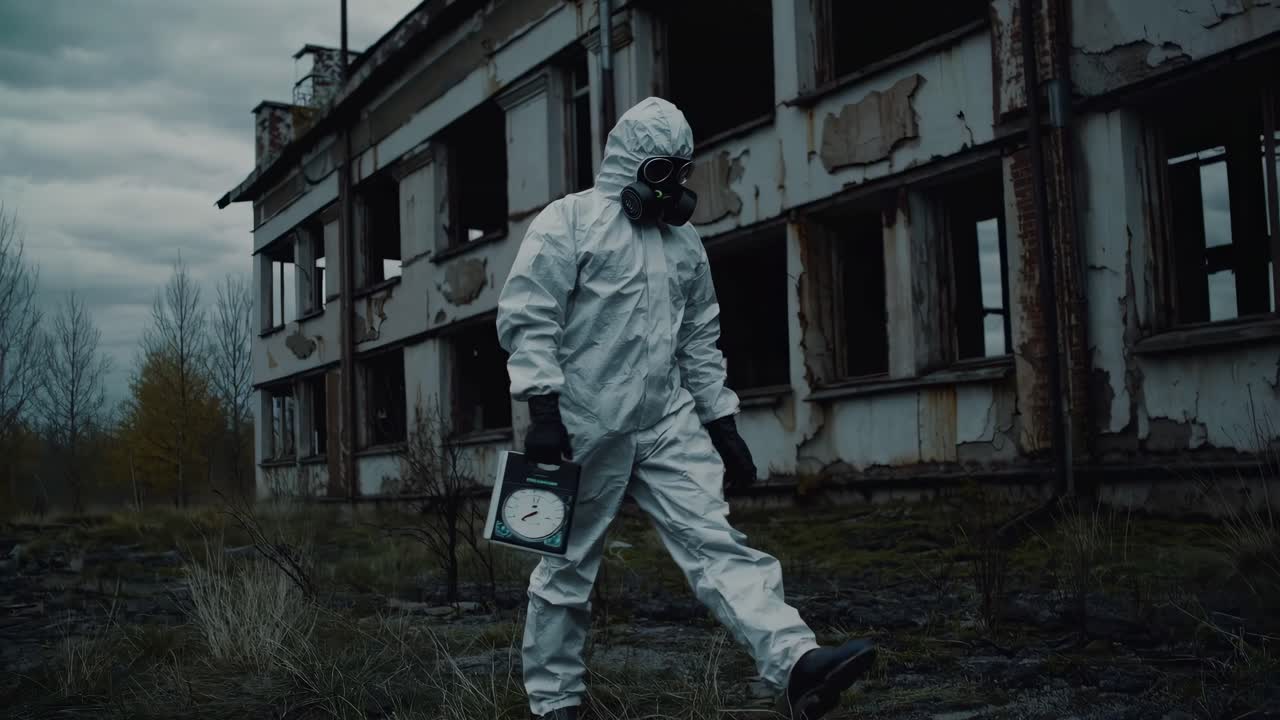A video frame shows a person in a hazmat suit walking between abandoned buildings